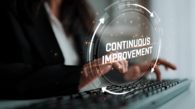 Business Professional Engaging in Continuous Improvement Strategy for Organizational Growth Using Keyboard and Digital Interface in Modern Office Setting Sigmoid