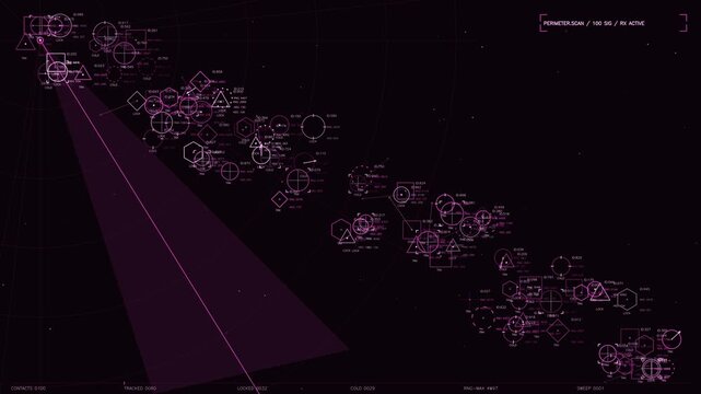 A complex futuristic tactical HUD interface in a vibrant magenta and pink palette. The display features a perimeter scan with numerous tracking icons, identification numbers, and geometric reticles mo