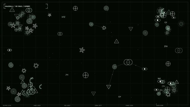 A dark, minimalist user interface displays a complex array of glowing green and white sigils across a grid. Geometric shapes like pentagrams, triangles, and spirals drift slowly, accompanied by crypti
