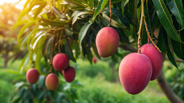 Branch of a tropical mango tree with ripe whole red and yellow mango fruits in a garden.