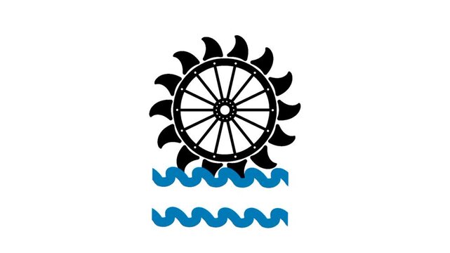 Black silhouette waterwheel rotating on blue water with simple motion
