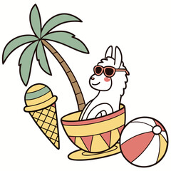 Fototapeta premium Cute SVG of a Curious Alpaca in Beach Bliss colors, featuring sitting in a teacup ride in a Summer Vacation setting