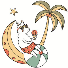 Fototapeta premium Creative SVG: Curious Alpaca with sitting on a moon in a Beach Bliss colored Summer Vacation theme