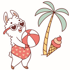 Fototapeta premium Vector illustration of a Surprised Alpaca with holding a heart, styled in a Summer Vacation theme using Beach Bliss colors