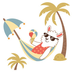 Fototapeta premium SVG art: A Cheerful Alpaca in a Summer Vacation vibe with in a hammock, tinted with Beach Bliss tones