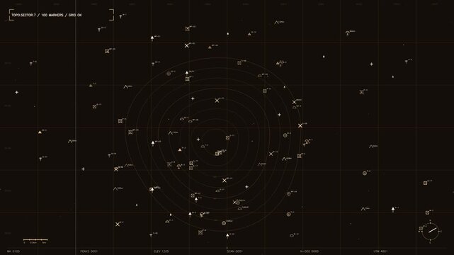 A sophisticated tactical interface displays a topographical sector map with numerous active markers and a coordinate grid. The amber toned UI features concentric radar rings, alphanumeric waypoints, a