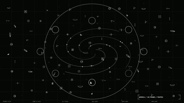 This motion graphic features a minimalist white on black head up display with a central spiral coordinate system. Various technical indicators, including telemetry data, sensor readings, and camera ma