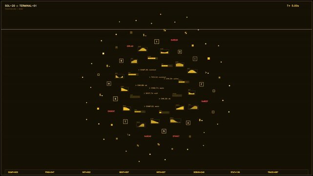 A sophisticated sci fi terminal interface featuring amber data visualizations, bar graphs, and command line telemetry. The screen displays various system logs, error codes like 0xDEAD and ENOENT, and