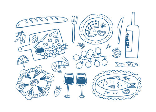Hand drawn different mediterranean food set