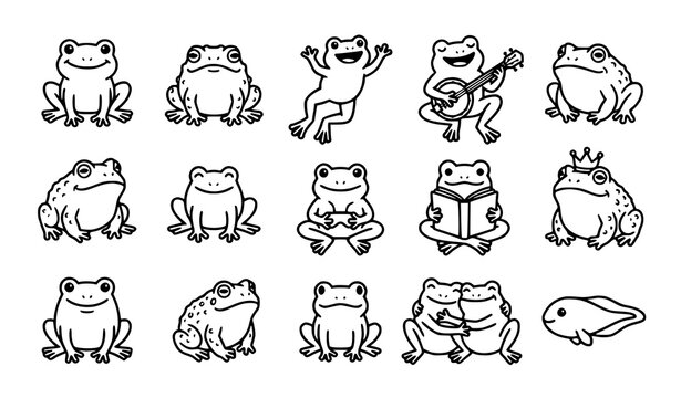 Cute frog icon set black and white amphibian cartoon vector collection