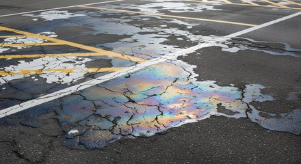 Obraz premium Colorful oil spill on cracked asphalt road surface with faded road markings.