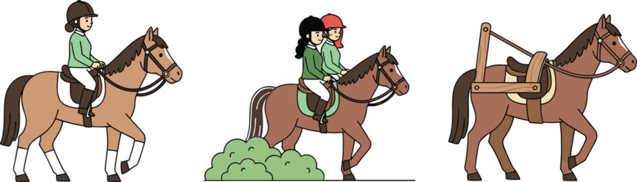 Horseback Riding Vector Illustration with Rider, Pair of Riders, and Horse Training with Equipment for Equestrian Sports Designs