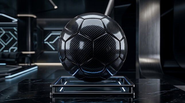 Futuristic Carbon Fiber Soccer Ball on High-Tech Display Stand in Modern Digital Interior