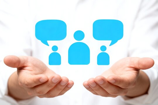 Hands holding communication icons