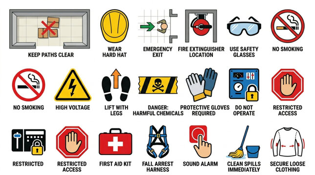 Safety warning signs and symbols.