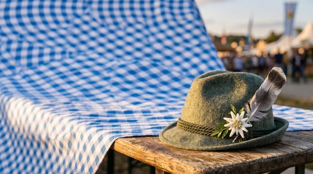 Traditional Bavarian Alpine Hat with Feather and Edelweiss Flowers on a Rustic Wooden Table during a Folk Festival Celebration