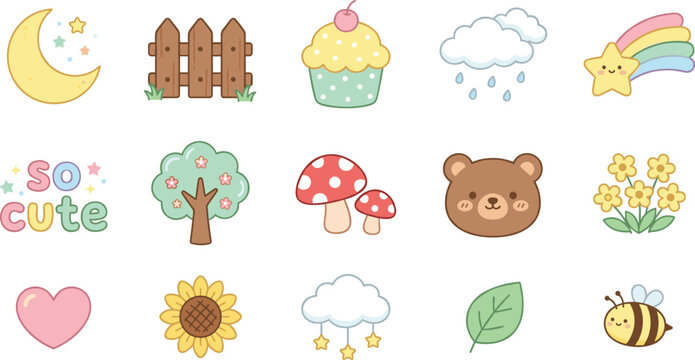 Cute Nature and Fantasy Icons Set Including Moon, Rainbow, Cupcake, Bear, and Stars for Kawaii Illustration and Pastel Designs