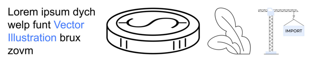 Naklejka premium Business, trade, sustainability, currency, commerce, logistics. Outlines of a dollar coin, leaves and a crane lifting cargo. Business and trade visualization