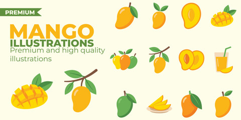 Obraz premium Mango Illustration Pack with Fresh Tropical Fruit and Juicy Slice Elements