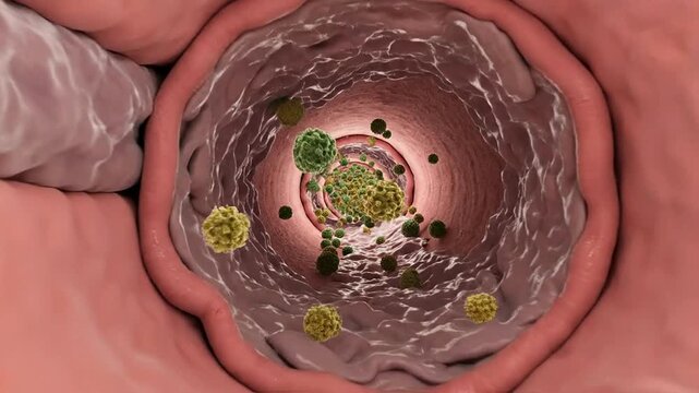 Detailed Clean CGI Depiction of Allergic Trigger Concept with Pollen-Like Particles in Human Airway Visualization