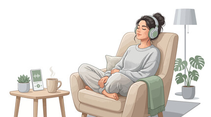 Obraz premium Young woman relaxing in armchair listening to music with headphones in a cozy home setting with plants and coffee