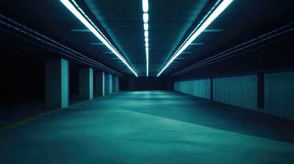 Fototapeta premium Empty underground parking garage with blue neon lighting
