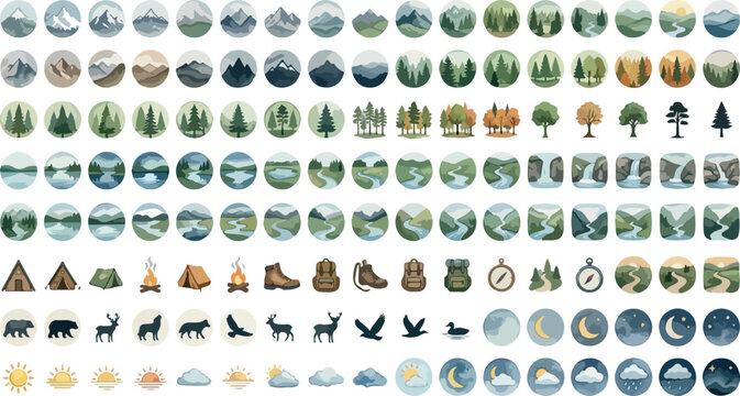 Outdoor adventure icon set, nature landscape and camping vector elements, wilderness mountain and forest travel graphics, wildlife and hiking equipment isolated PNG with Transparent Background