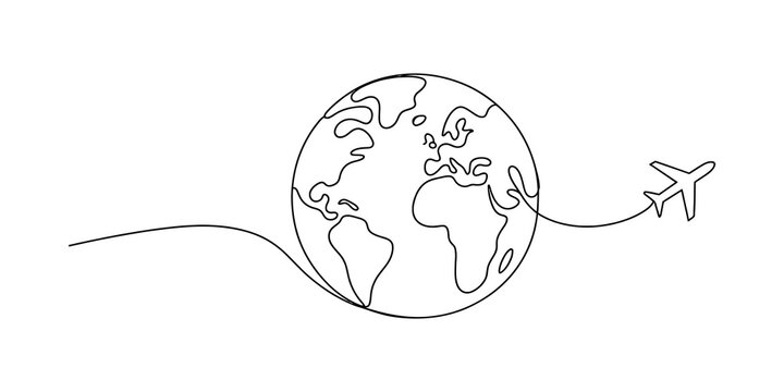Single line drawing of an airplane flying around the world globe