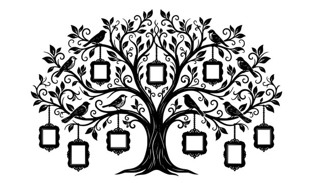 Family tree wall sticker vector silhouette with photo frames and birds