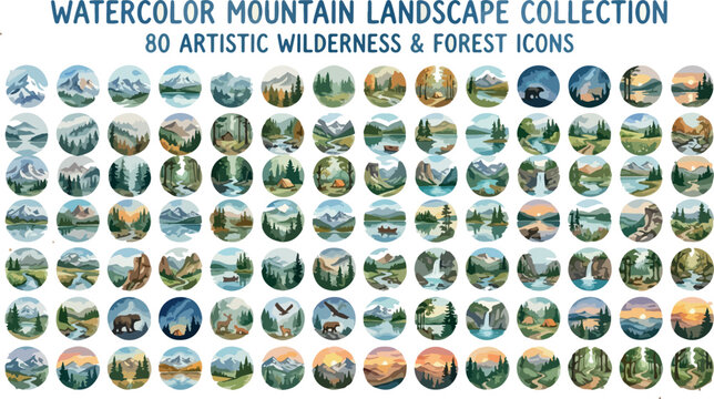 Watercolor mountain landscape collection, 80 artistic wilderness and forest icons, hand-painted nature scenery vector set for travel branding isolated PNG with Transparent Background