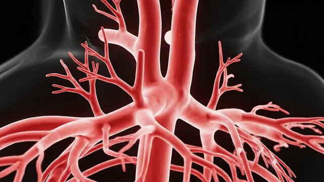 Detailed Medical CGI Visualization of Circle of Willis Showing Intricate Cerebral Arteries in Vivid Red Against a Black Background for Health and Education Contents