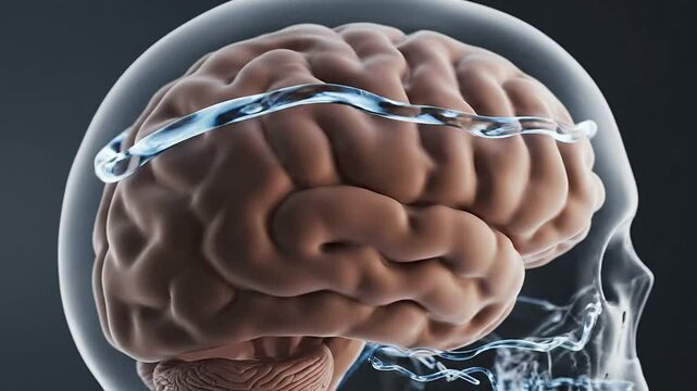 Detailed Medical CGI Visualization of Smooth Cerebrospinal Fluid Flow Around Human Brain in Transparent Skull