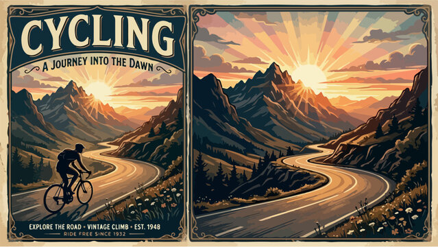 Vintage cycling poster with mountain landscape at sunrise, retro bicycle travel illustration, scenic road journey through alpine peaks isolated PNG with Transparent Background