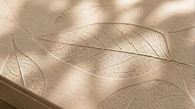 Earth tone leaf imprint texture recycled paperboard eco packaging innovation embossed natural fiber cardboard with soft shadow warm beige tone