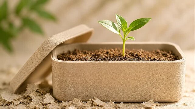 Eco packaging innovation seedling and tiny small plant sprout in biodegradable box with soil conveying sustainable growth and hopeful green design