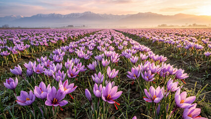 Fototapeta premium Vast Kashmir saffron crocus field in full bloom at golden dawn with thousands of purple flowers crimson stigmas morning dew and Himalayan silhouette on horizon