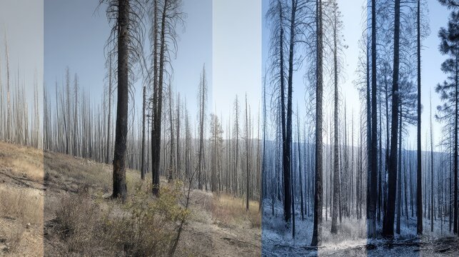 Burned forest landscape showing seasonal changes and aftermath