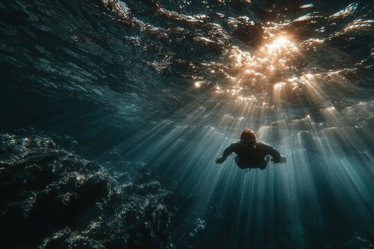 silhouette of a person swimming in the deep blue ocean with bright sun rays filtering through the water.