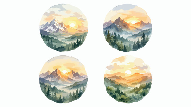 Watercolor mountain landscape set, 4 circular nature illustrations, scenic alpine peaks at sunset, golden hour forest and wilderness vector art isolated PNG with Transparent Background