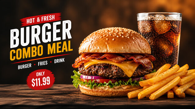 Delicious burger combo meal with fries and soda on wooden table