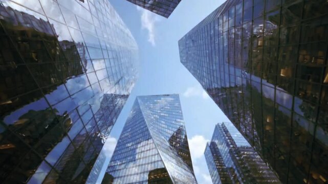 Looking up at modern glass skyscrapers reflecting sky and clouds creating abstract geometric patterns in business district during daytime with sunflare.