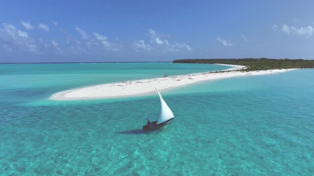 Aerial view of a traditional dhoni boat with a white sail and a person on board sailing on turquoise water near a white sand beach in Bileffahi, Shaviyani Atoll, Maldives.