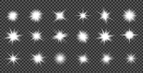 Set of glowing lens flare effects isolated on transparent background. Bright sparkling stars, light bursts and luminous overlays in clean futuristic vector style. © Artem Kabushka