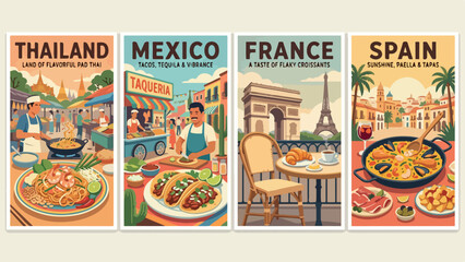 Obraz premium Vintage travel posters of Thailand Mexico France and Spain, retro food tourism illustrations, set of 4 cultural culinary destination vectors isolated PNG with Transparent Background