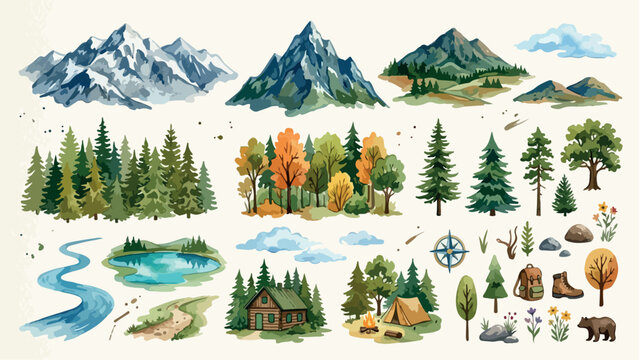 Watercolor mountain landscape elements, hand painted forest trees and camping icons, wilderness nature vector set for outdoor adventure design isolated PNG with Transparent Background