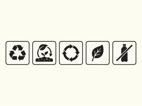 Environmental icons illustrate recycling, earth, circular economy, leaf, and eco-friendly bottle.