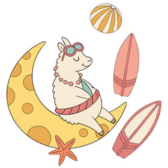Fototapeta premium Cute Peaceful Alpaca, accessorized with sitting on a moon, in a Under the Sea world – Ocean Dreams palette vector