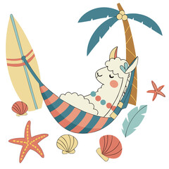 Fototapeta premium Whimsical Alpaca feeling Gentle in a Under the Sea setting with in a hammock – colored in Ocean Dreams