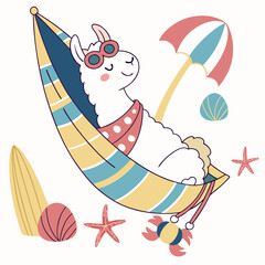 Fototapeta premium Cute Loving Alpaca, accessorized with in a hammock, in a Under the Sea world – Ocean Dreams palette vector