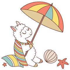 Fototapeta premium Whimsical Alpaca feeling Sleepy in a Under the Sea setting with under an umbrella – colored in Ocean Dreams